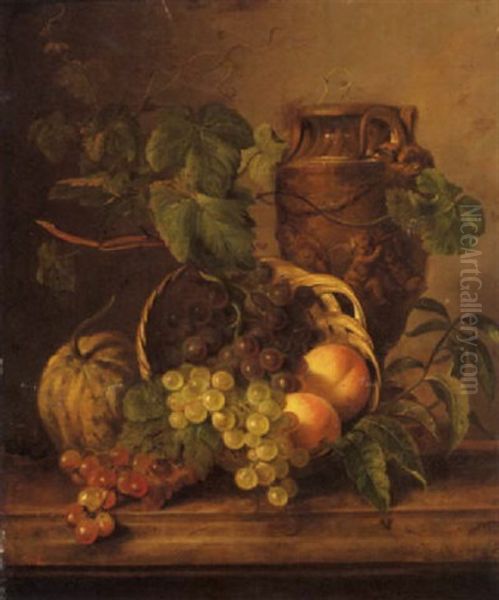 A Still Life With Peaches And Grapes In A Basket With An Urn Behind - view 1