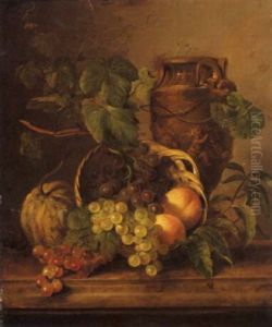 A Still Life With Peaches And Grapes In A Basket With An Urn Behind by Georgius van Os