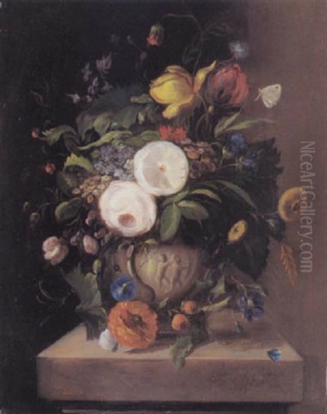Blumenstilleben Mit Sommerblumen In Einer Vase, Die Auf Einem Steinsockel Steht - view 1