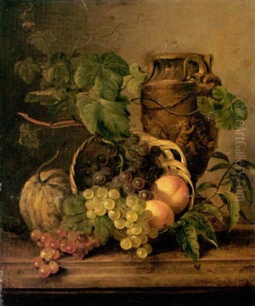 A Still Life With Peaches And Grapes In A Basket With An Urn Beyond - view 1
