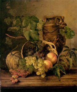 A Still Life With Peaches And Grapes In A Basket With An Urn Beyond by Georgius van Os