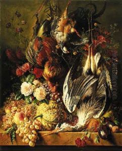 A Still Life Of A Heron, A Cockerel, A Partridge, Grapes, A Melon And Flowers On A Ledge