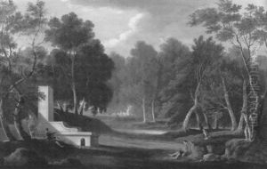 Waldlandschaft Mit Rastenden Wanderern Vor Einem Brunnen