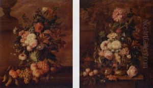 Roses, Carnations, Tulips And Other Flowers In An Urn With Fruit On A Ledge