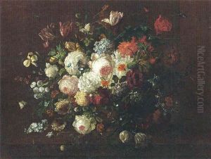Still Life Of Roses, Irises, Tulips, Convulvuli, Gladioli And Other Flowers In An Urn, Upon A Stone Ledge by Georgius van Os
