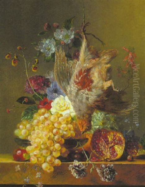 Stilleben Mit Fruchten, Blumen Und Einem Erlegten Rebhuhn In Einer Schale Auf Einem Marmortisch - view 1