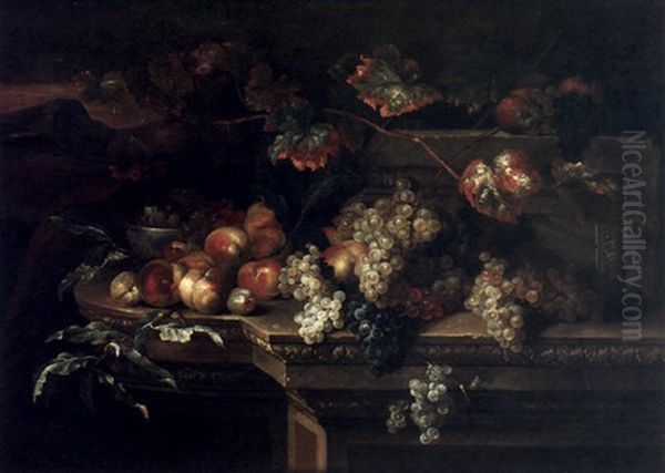 A Still Life With Peaches And Grapes On A Ledge In A Mountainous Landscape Beyond - view 1