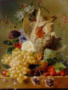 Grapes, Strawberries, Chestnuts, An Apple And Flowers With Game On A Marble Ledge