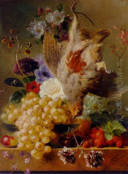 Grapes, Strawberries, Chestnuts, An Apple And Spring Flowers With Game On A Marble Ledge - view 1