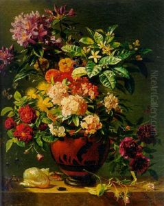 Kapitaal Bloemstuk: Flowers In A Greek Terracotta Vase With Shells On A Ledge