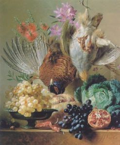 Still Life With Flowers, Fruit And Game On A Stone Ledge by Georgius van Os