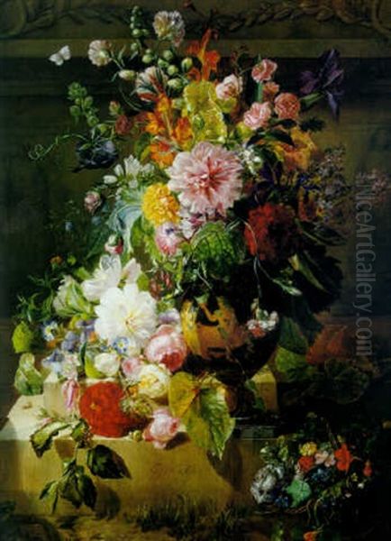 Still Life With Roses, Peonies And Other Flowers In A Greek Vase On A Stone Plinth - view 1