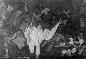 Stilleben Mit Fruchten, Erlegten Gansen Und Hummer Auf Einem Teller by Georgius van Os