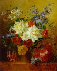Narcissi, Larkspur, Nasturtiums And Other Flowers In A Vase
