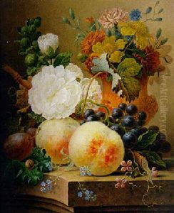 Nature Morte Au Bouquet De Fleurs Et Fruits Poses Sur Un Entablement
