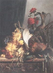 Stilleben Med Frukt Och Fasan Samt Rosor I Vas