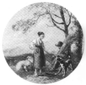 A Shepherdess Conversing With A Man Resting Beneath A Tree Holding Sheaves Of Wheat