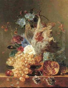 Still Life Of A Partidge Suspended Above A Stone Ledge With Flowers & Fruit