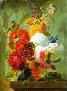 Roses, Tulips And Other Flowers In A Vase With A Bird's Nest On A Stone Ledge, A Landscape Beyond Roses, Tulips And Other Flowers In A Vase With A Bird's Nest On A Stone Ledge, A Landscape Beyond
