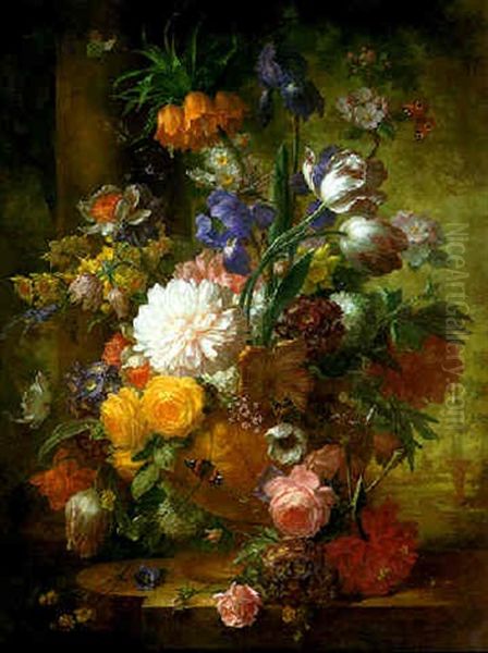 A Still Life Of Flowers In A Terracotta Urn On A Stone Ledge - view 1