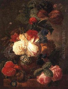 A Still Life Of A Poppy, Tulips, Roses, A Hyacinth, Convolvulus And Other Flowers In A Terracotta Vase Beside A Bird's Nest On A Marble Ledge, A Wooded Landscape Beyond by Georgius van Os