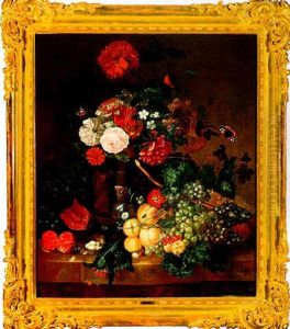 A Still Life Of Flowers In A Vase With Fruit And A Nest Of Birds Eggs by Georgius van Os