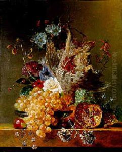 A Dead Partridge Hanging From A Rope, With Grapes, A Pomegranate And Flowers On A Marble Ledge