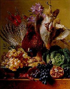 A Pheasant, A Partridge With Grapes, A Cabbage And Fruit And Flowers On A Ledge
