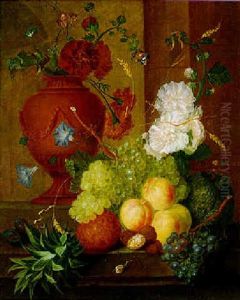 Still Life Of Peaches, Grapes, A Pineapple And Other Fruit With Flowers, Stalks Of Wheat, A Stone Urn And Other Objects On A Stone Ledge by Georgius van Os