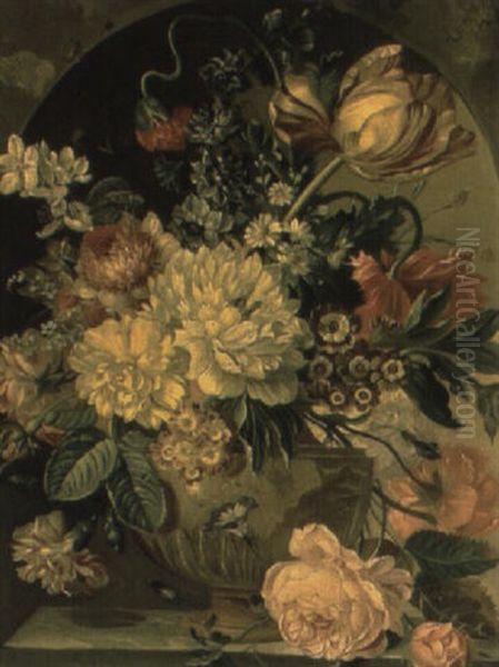 Mixed Flowers In An Urn On A Marble Ledge - view 1