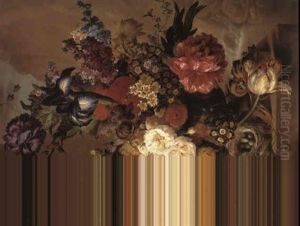 Poppies And Other Flowers In A Vase On A Plinth Before A Waterfall by Georgius van Os