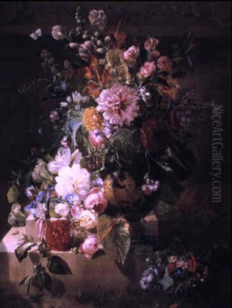 Still Life With Flowers In A Greek Vase On A Stone Plinth - view 1
