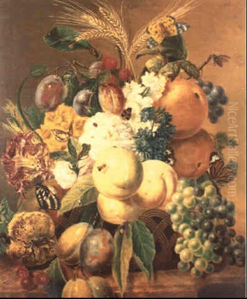 Still Life Of Fruit And Flowers In Wicker Basket On Ledge - view 1