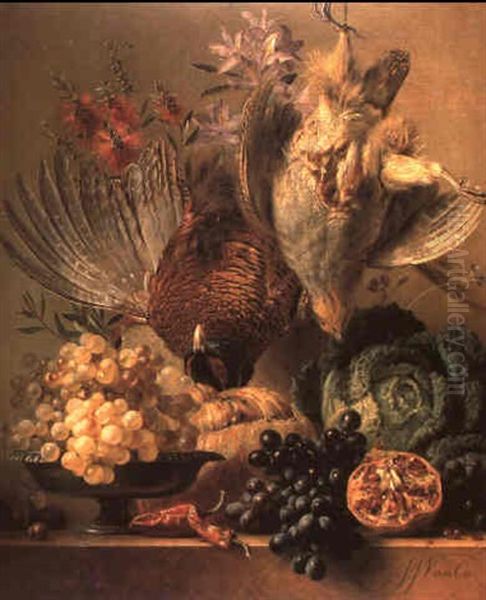 Dead Pheasant, Partridge, Grapes, Cabbage, Fruit And Flowers On A Ledge - view 1