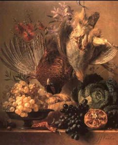Dead Pheasant, Partridge, Grapes, Cabbage, Fruit And Flowers On A Ledge Dead Pheasant, Partridge, Grapes, Cabbage, Fruit And Flowers On A Ledge