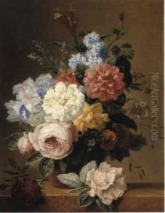 A Still Life With Flowers On A Ledge A Still Life With Flowers On A Ledge