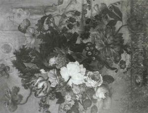A Still Life Of Roses, Tulips, Thistles, Poppies, Primula And Other Flowers Above A Trellis And A Bird's Nest ... A Still Life Of Roses, Tulips, Thistles, Poppies, Primula And Other Flowers Above A Trellis And A Bird's Nest ...