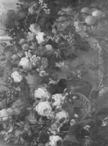 Mixed Flowers In A Vase, With Flowers A Dish Of Fruit And A Basket On A Ledge by Georgius van Os