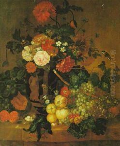 Flowers In A Red Figure Vase With A Pomegranate, A Melon, A Bird's Nest, Raspberries, Peaches, Plums, Gooseberries