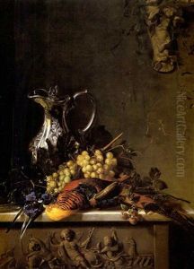 A Still Life With A Silver Ewer, Flowers And A Pheasant On A Marble Ledge by Georgius van Os
