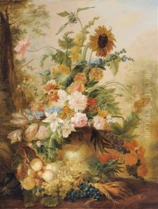 A Still Life Of Assorted Summer Flowers And Fruit Before A Landscape