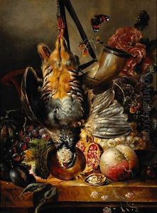 A Still Life Of A Partridge, Fruit And Flowers