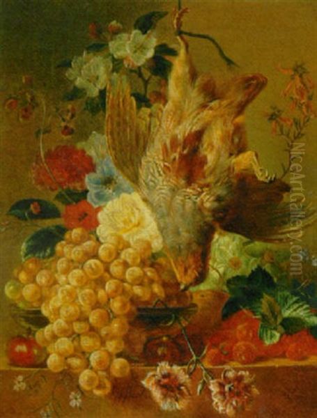 A Still Life With Grapes, Flowers And A Bird - view 1