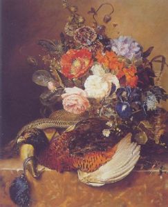 A Still Life Of Flowers And A Pheasant by Georgius Jacobus Johannes van (the Younger) Os