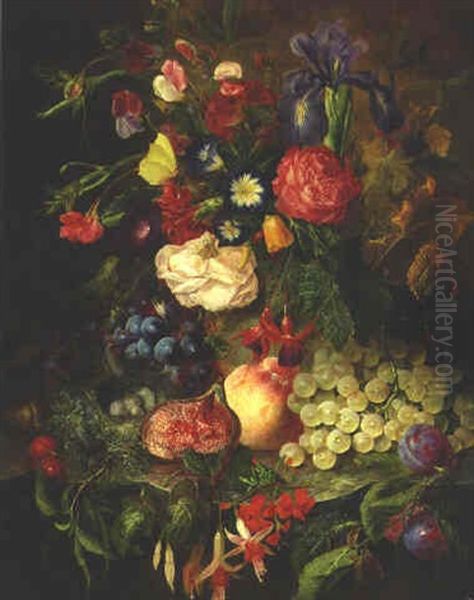 Flowers In A Vasewith A Bird's Nest, Grapes, A Peach And Other Fruit - view 1