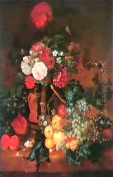 Nature Morte Med Valmuer I Graesk Vase Staende Pa Sten-     Karm Med Frugter Og Fuglerede - view 1