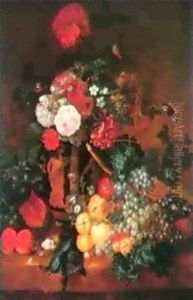Nature Morte Med Valmuer I Graesk Vase Staende Pa Sten-     Karm Med Frugter Og Fuglerede