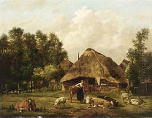 A Peasantwoman With Her Cattle In Front Of A Farm by Gerardus van Os