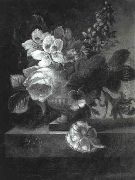 A Still Life Of Flowers In A Vase On A Ledge - view 1