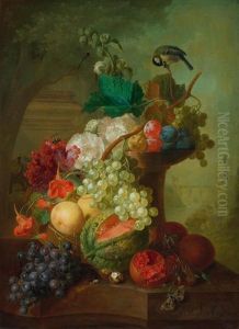 Grapes, Peaches, Pomegranates, A Melon And Other Fruit On A Stone Ledge With Flowers